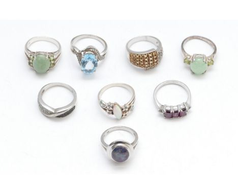 Eight various silver and gemset rings, including opal and garnet, O - R, 36gm