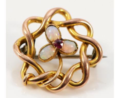A 9ct gold antique opal and ruby brooch, 20mm across, 1.9g