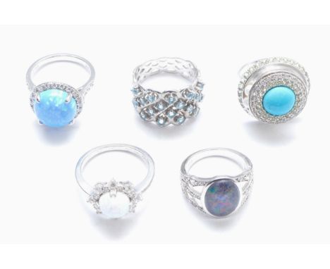 Five various silver and gemset rings, including opal and topaz, Q - T, 29gm