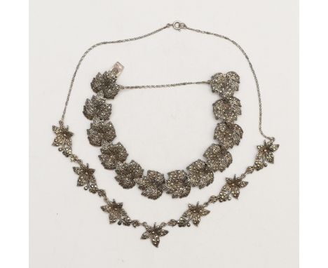 A FINE 925 silver and marcasite vintage Maple leaf bracelet, 19cm and a silver and marcasite ivy leaf necklace, 56gm