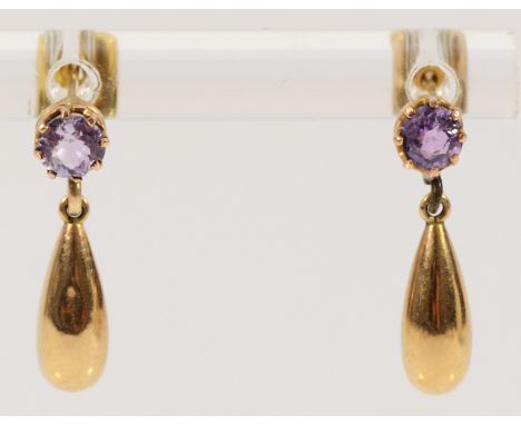 A pair of 9ct gold vintage amethyst drop earrings with scroll backs, 16mm total drop, 0.7g