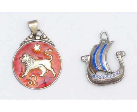 A 925 silver SOE and enamel Viking longboat pendant, 20mm and a silver and enamel pendant, 7gm