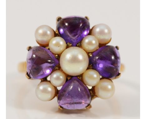 A 9ct gold amethyst and cultured pearl cluster ring, 17mm ring front, O, 5.6g