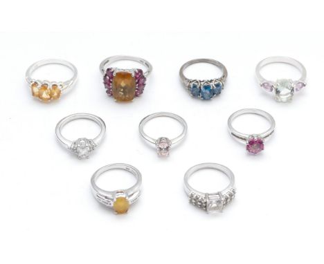 Eight various silver and gemset rings, including opal and garnet,  L - R, 28gm