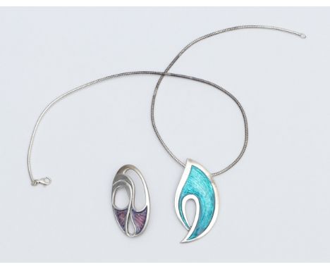 Malcolm Gray, an Edinburgh silver and enamel abstract pendant, 50mm, snake link chain and a Malcolm Gray silver and enamel br