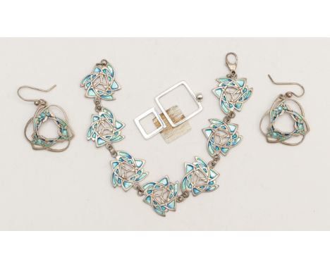 Malcolm Gray, silver and enamel bracelet, 18.5cm, a matching pair of ear rings and an abstract pendant, 21gmgood condition, n