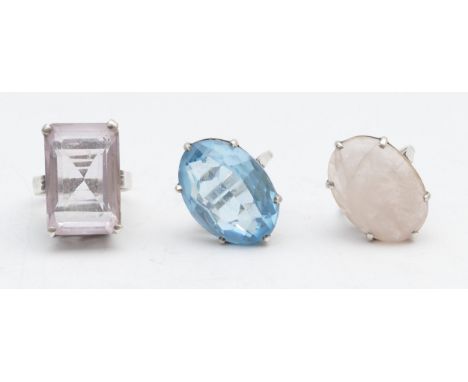 A silver and pink quartz dress ring, 25 x 17mm, R and two other silver dress rings, 31gm