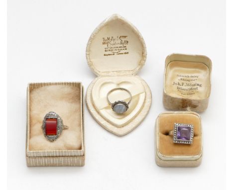 Three silver and marcasite vintage rings, in original boxes, 11gm
