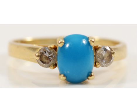 A 14K gold turquoise and white stone ring, K 1/2, 3gm