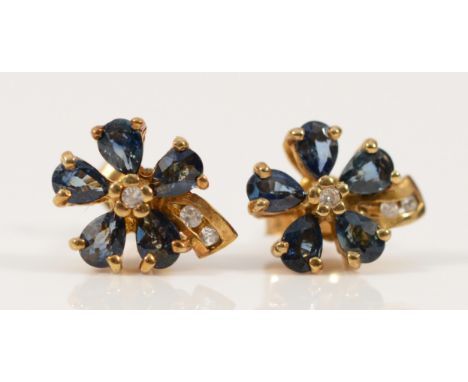 A pair of 9ct gold vintage sapphire and cubic zirconia floral earrings with scroll backs, 10mm, 1.7g