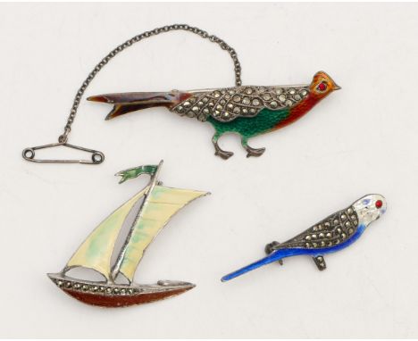 Three silver, enamel and marcasite brooches, 15gm
