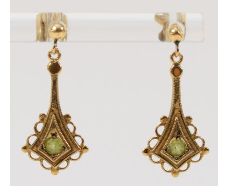A pair of 9ct gold vintage peridot drop earrings with scroll backs, 25mm drop, 2.1gUK hallmarked, good condition, no issues