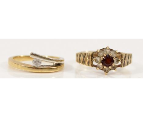 A 9ct gold and brilliant cut diamond ring, F 1/2 and a 9ct gold and red and white stone ring, K, 3.5gm
