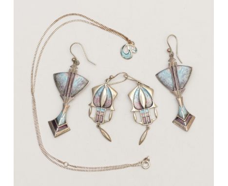 Malcolm Gray two pairs of silver and enamel ear pendants, longest 55mm and a pendant, 20gmgood condition, no enamel loss