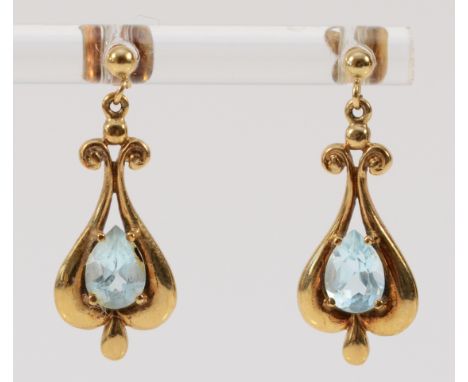 A pair of 9ct gold vintage style blue topaz drop earrings with scroll backs, 25mm total drop, 2.3g
