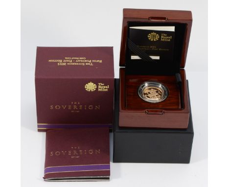 Royal Mint, a 2015 Fifth Portrait- First Edition gold proof Sovereign in a case with certificate, number 2301/8800