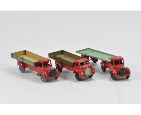 A Trio of Wells Pocketoy Commercials including Articulated Lorry with Flat bed trailer plus Box Truck x 2. Early and Later Ve