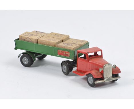 Triang Minic 40M Articulated Lorry with Cases. Red Tractor unit and Green Trailer. Generally B/C. Nice Example. 