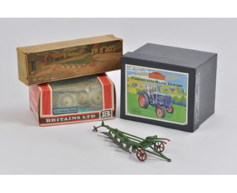 Britains Farm Selection including Fordson E27N tractor Vintage series, 4 Furrow Plough and Acrobat Rake. Generally A/B in A t
