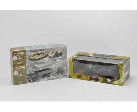 Duo of Corgi Classics Military issues plus 1/18 scale UT Models American US Army Jeep. All A in A/B Boxes. (3)