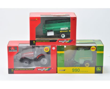 Britains Tractor Farm and Implement Selection including Massey Ferguson 7480 plus Keenan Feeder Wagon and JD 990 Round Baler.