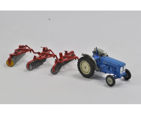 Original Britains Farm Fordson New Performance Major Tractor. No. 9525 with rear roller and harrows. Generally B. Nice Exampl