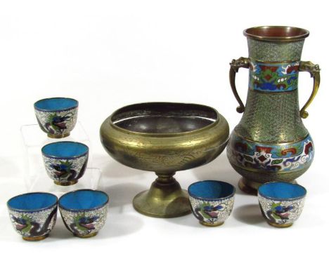 Various metalware, cloisonné, etc, to include a brass comport, two handled enamel style vase, 27cm high, and six cloisonné te