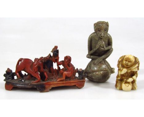 Various items, comprising a soap stone style figure group, of horse and monkey, 11cm wide, ivory style resin netsuke formed a