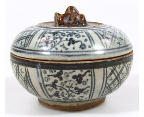 A Satchanalae Pottery bowl and cover, with fruit finial, printed with panels of floral and geometric motifs, ex Longuan and T