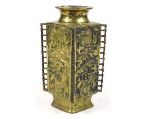 A Chinese Xuande polished bronze style vase, of tapering square outline, heavily raised with crane, with a compressed circula