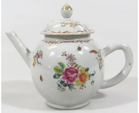 A late 18thC Chinese export porcelain teapot, the bulbous body and compressed domed lid polychrome decorated with insects and