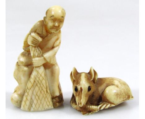 A Japanese Meiji School ivory figure, of a gentleman holding net on shaped base and a netsuke figure of a field mouse on natu