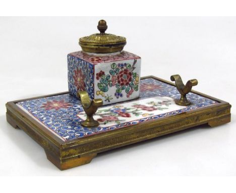 A 19thC Chinese famille bleu inkstand, with square pot on ceramic stand with wooden outline, with pen rest, heavily decorated
