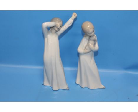 TWO NAO FIGURINES - GIRL YAWNING AND GIRL WITH A PUPPY