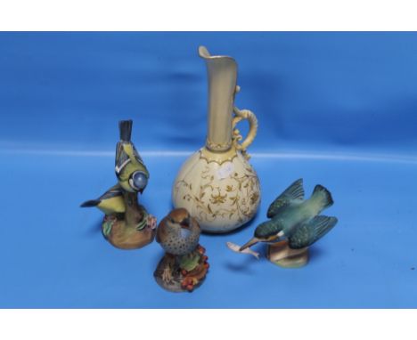 A ROYAL WORCESTER VASE TOGETHER WITH THREE ROYAL WORCESTER BIRD FIGURES  (4)