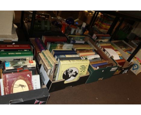 FOUR BOXES OF BOOKS OF LITERARY INTEREST TO INCLUDE REFERENCE WORKS ON SWIFT, DEFOE, MARK TWAIN, PEPYS, JOHNSON, DICKENS ETC.