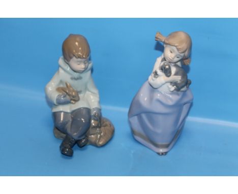 TWO NAO FIGURES - A GIRL WITH PUPPY AND A BOY WITH PET RABBIT