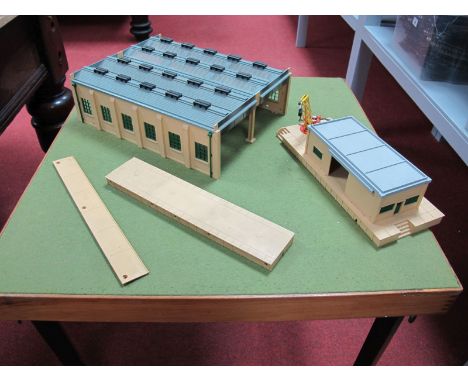 Hornby Dublo Two Rail Plastic Buildings, including double engine shed/goods yard with crane and a station platform extension.