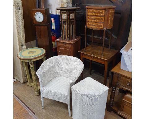 A Lloyd Loom chair, a Lloyd Loom bin, a dwarf longcase clock and other items (8) 