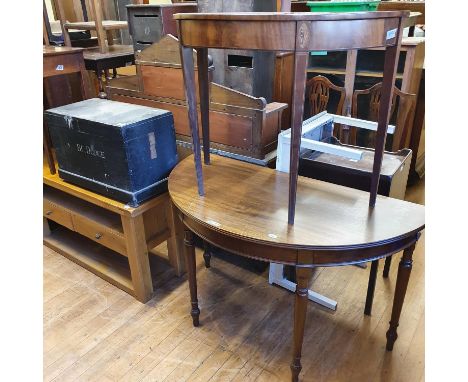 A mahogany demi-lune side table, another, a light oak side cabinet, and a painted box (4) 