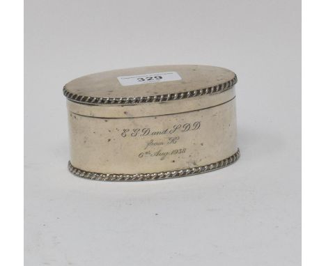 An oval silver tea caddy, inscribed, Sheffield 1938, approx. 6.5 ozt 