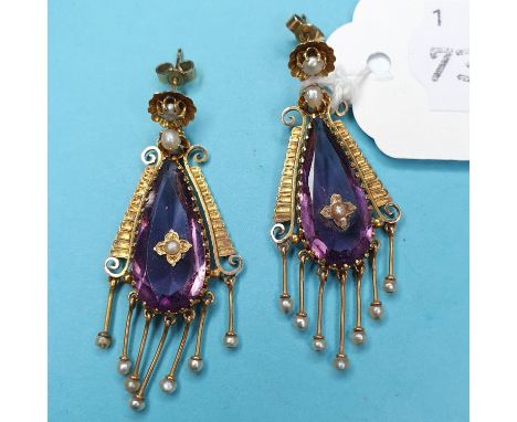 A pair of 15ct gold, amethyst, paste and pearl drop earringsOverall condition good no major faults found length of amethyst, 