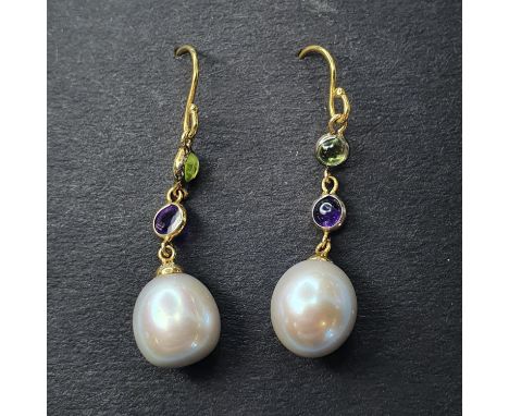 A pair of 9ct gold, peridot, amethyst and pearl drop earrings 