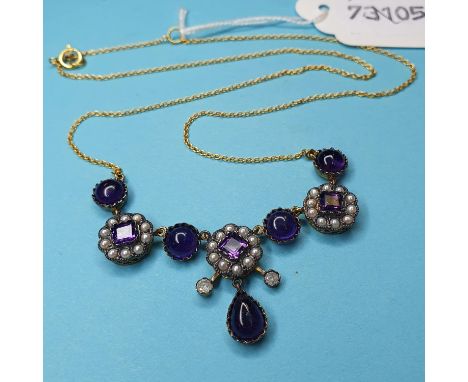 A 9ct gold, silver, amethyst, diamond and pearl necklace 