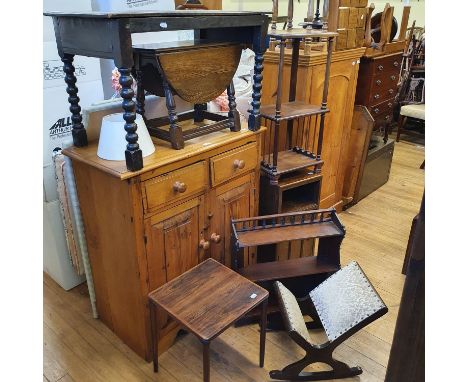 A pine cupboard, an oak table, an oak bedside table, a walnut wall shelf, an oval mahogany table, and other furniture (qty) 