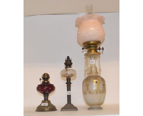 A late 19th/early 20th century brass oil lamp, with green glass well and eight others (9)All shades with shallow chips or rou