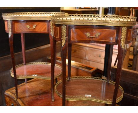 A pair of Louis XVI style French marble top mahogany two tier tables, with gilt metal mounts, 73 x 51 cm (2) Overall conditio