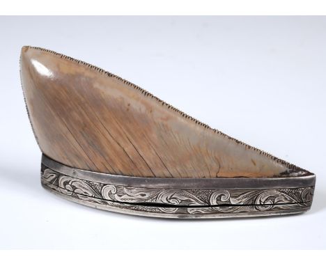 An unusual vinaigrette, made from what is probably a Megalodon tooth, the silver coloured metal mounts engraved scrolling fol