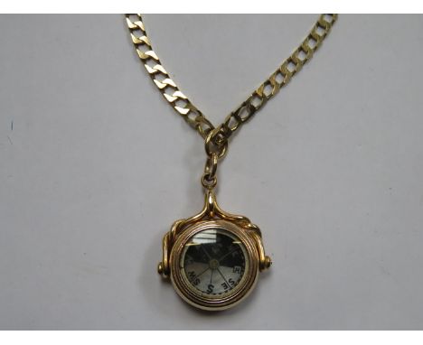 18ct GOLD REVOLVING SEAL STAMP/COMPASS ON 9kt GOLD CHAIN 