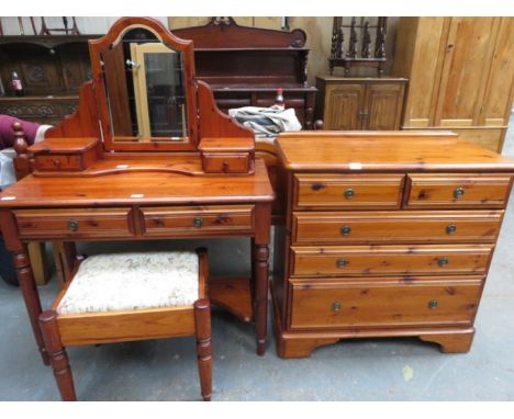 MODERN TWO DRAWER DRESSING TABLE WITH STOOL AND TWO OVER THREE CHEST, HEADBOARD AND PAIR OF BEDSIDE CABINETS